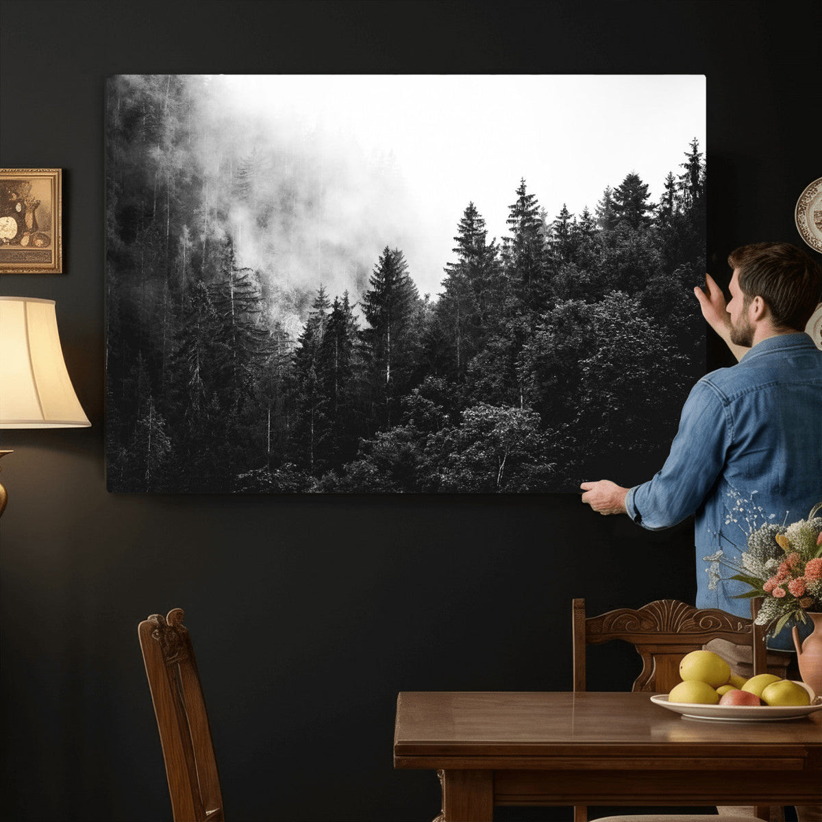 Black White Forest Wall Art Canvas Print, Misty Pine Tree
