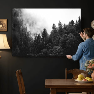 Black White Forest Wall Art Canvas Print, Misty Pine Tree