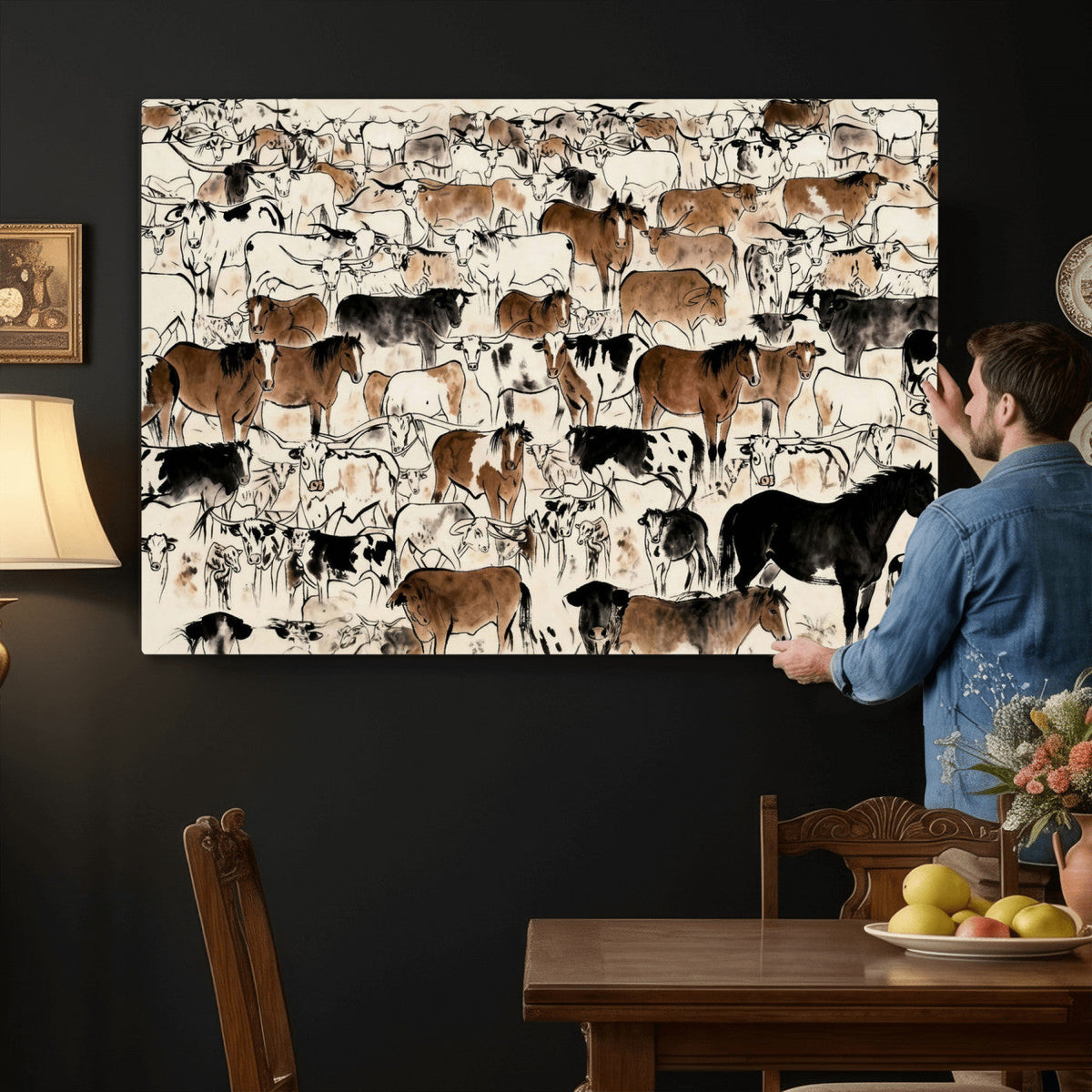 Farmhouse Animals Horse Longhorn Cow Wall Art Canvas Print -