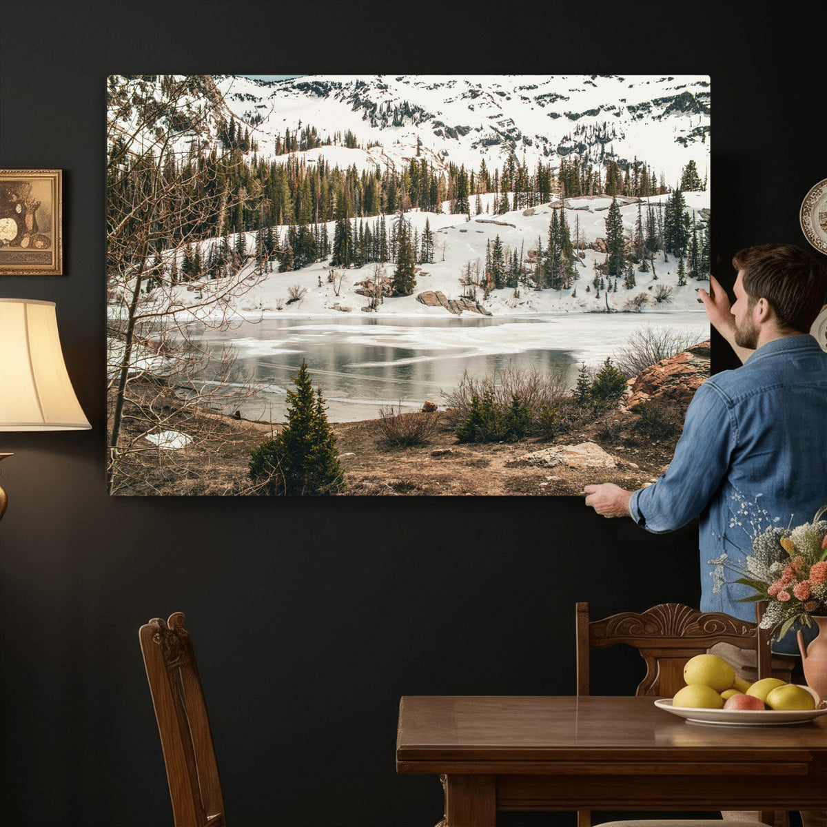Snowy Mountain Landscape Wall Art Canvas Print, Alpine Pine
