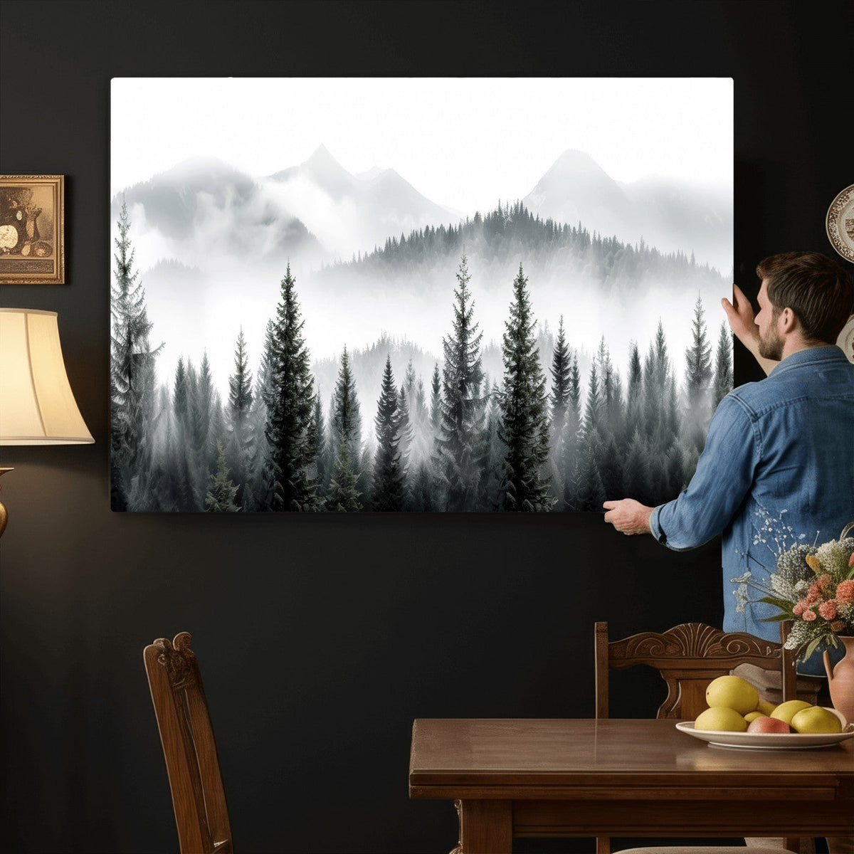 Misty Pine Forest Mountain Landscape Wall Art Canvas Print
