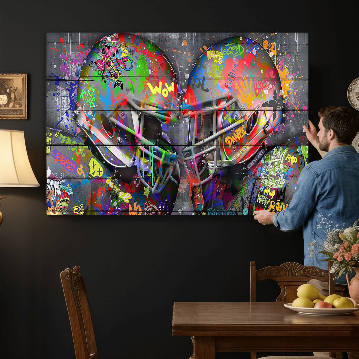 Graffiti Football Helmets Wall Art Canvas Print, Urban
