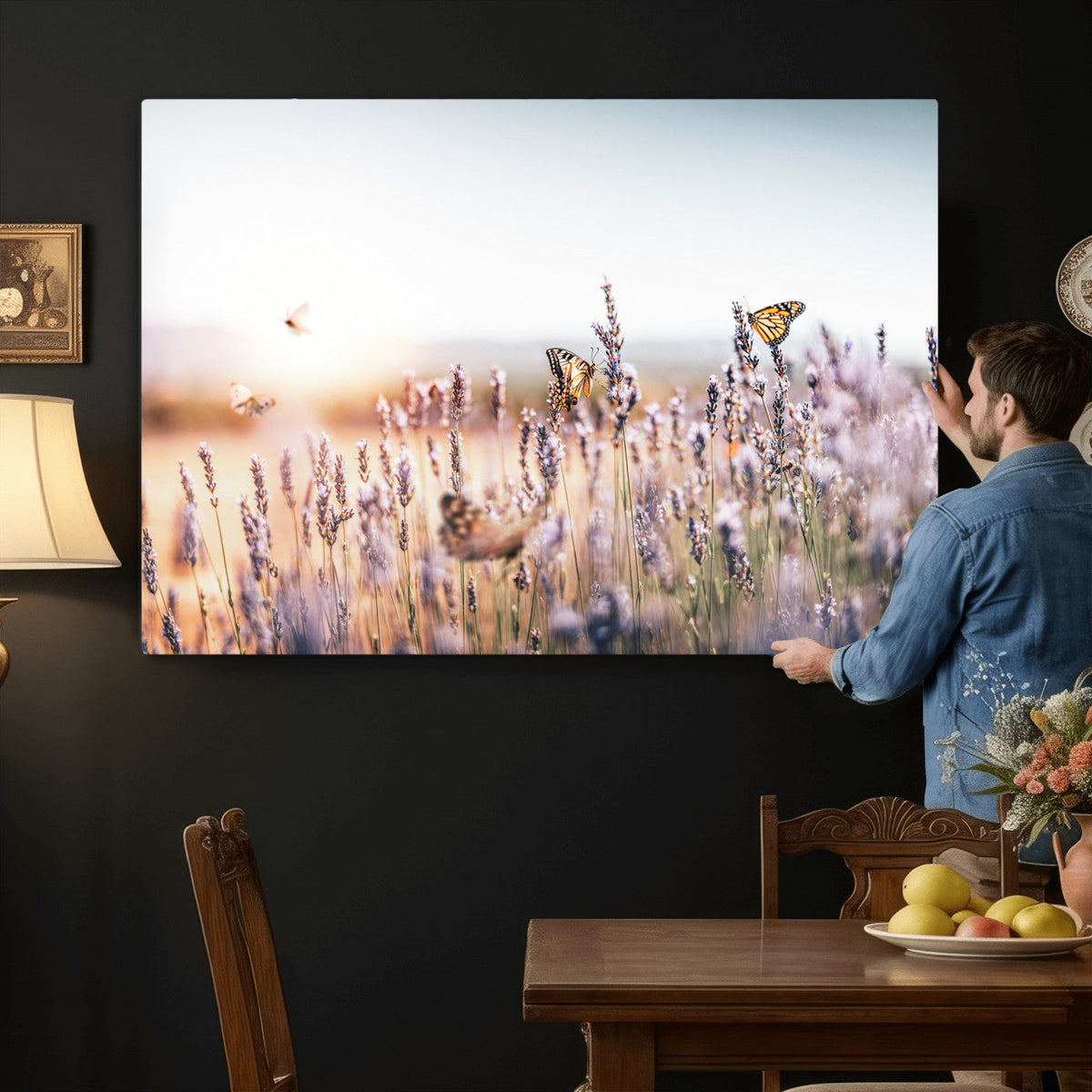 Lavender Field Wall Art Canvas Print, Butterfly Floral