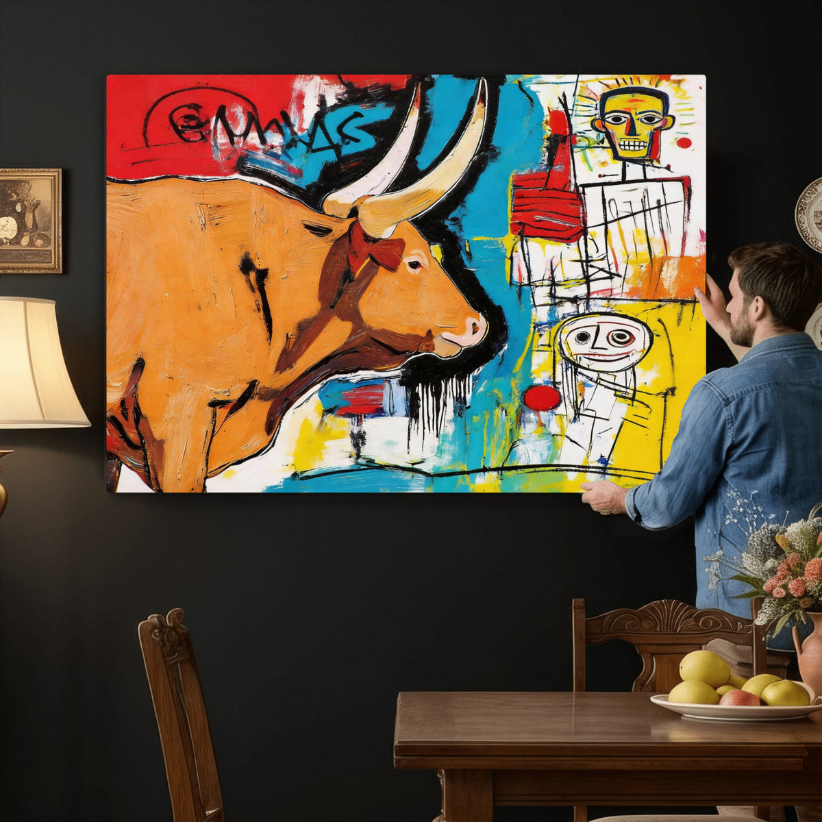 Basquiat Style Bull Graffiti Wall Art Canvas Print, Street
