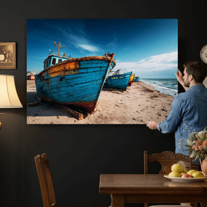 Coastal Fishing Boats Wall Art Canvas Print, Sunset Beach