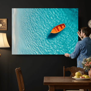 Minimalist Boat Wall Art Canvas Print, Aerial Sea Landscape