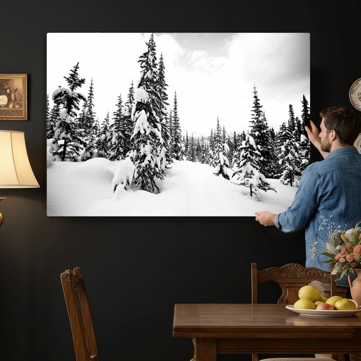 Black and White Snowy Pine Forest Wall Art Canvas Print,