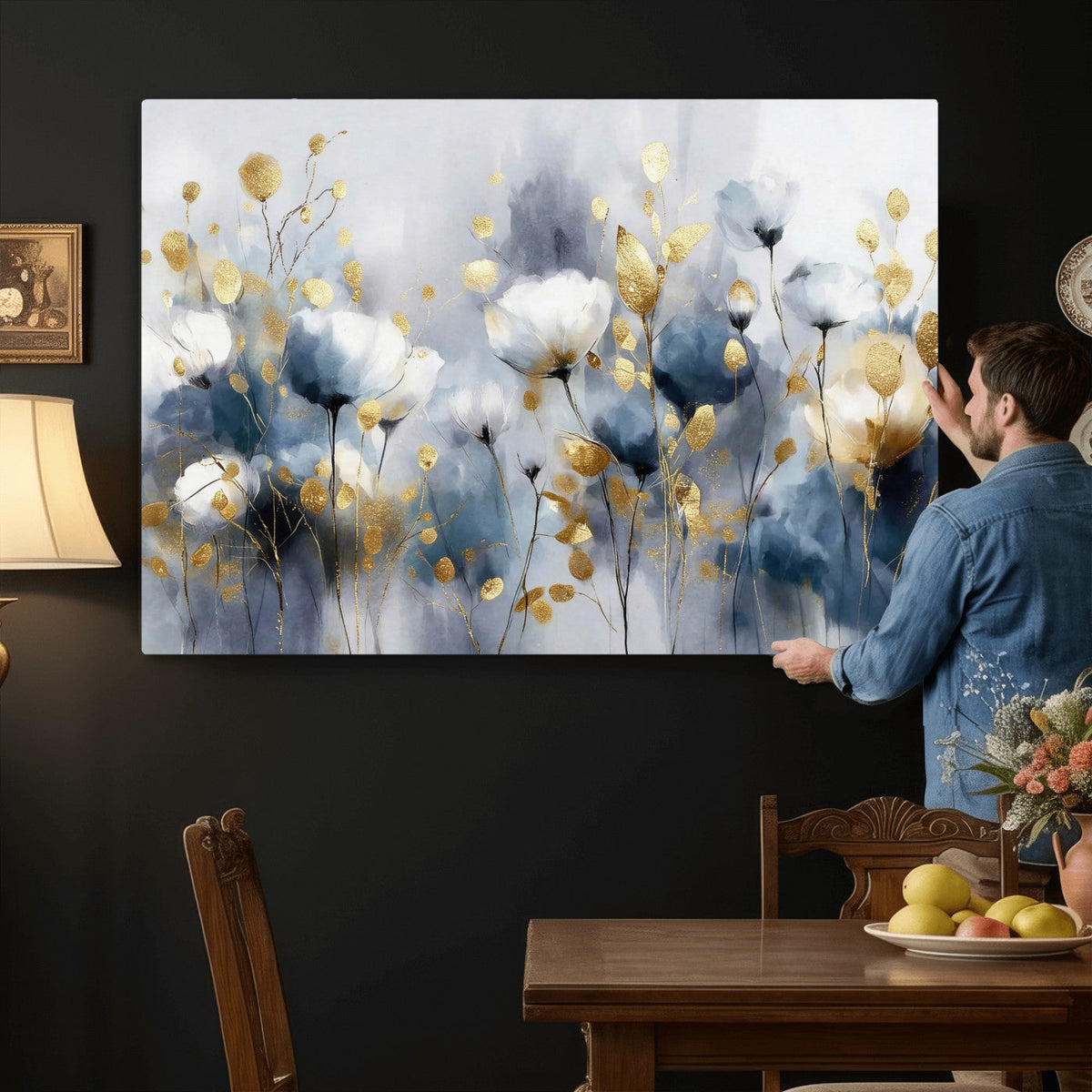 Large Abstract Flowers Wall Art Canvas Print – Gold and Blue