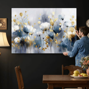 Large Abstract Flowers Wall Art Canvas Print – Gold and Blue