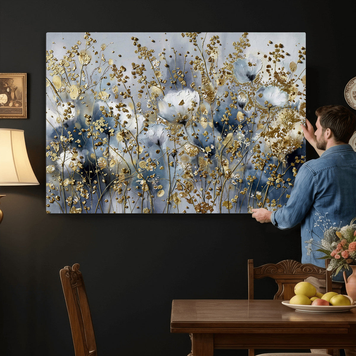 Abstract Floral Wall Art Canvas Print – Gold and Blue