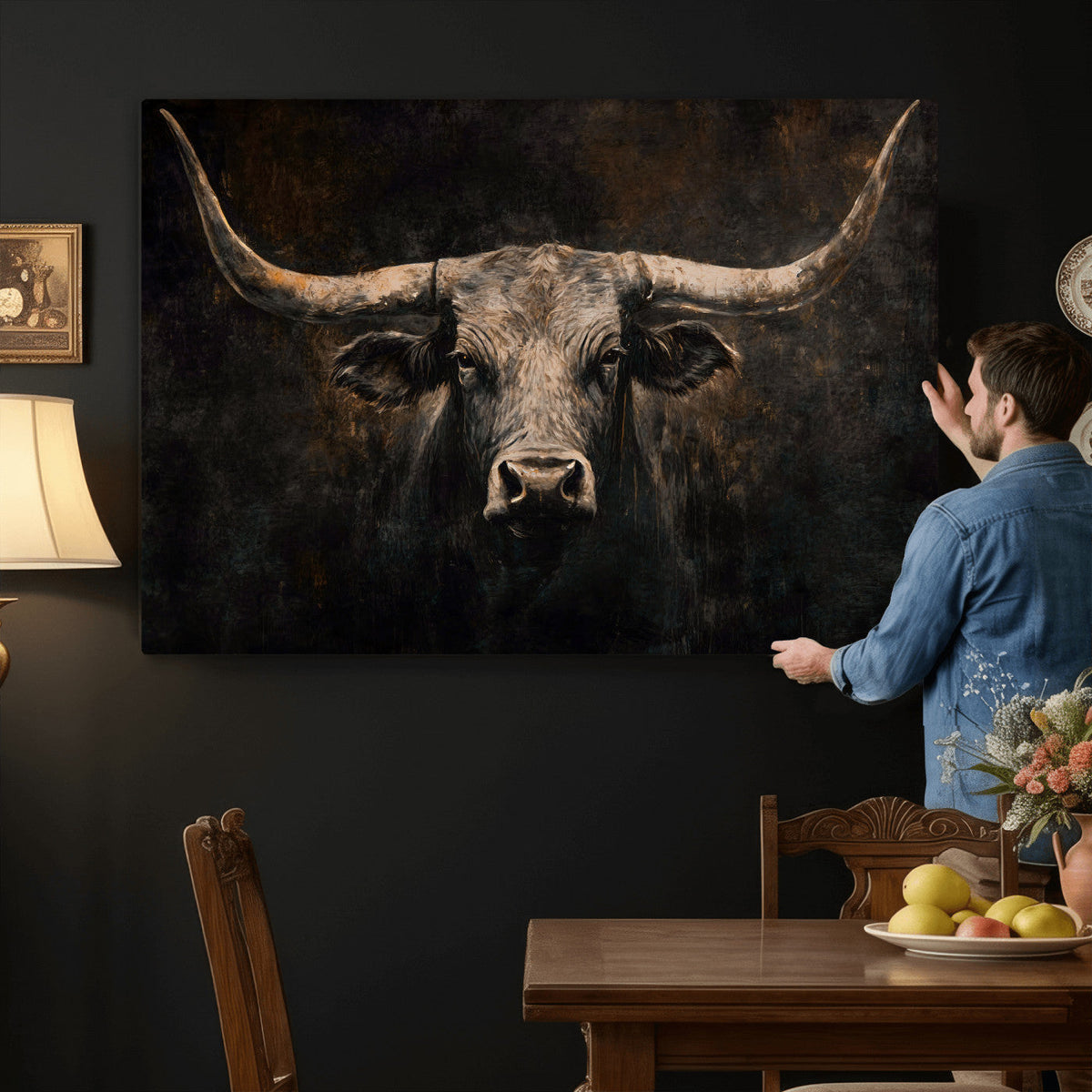 Vintage Longhorn Bull Wall Art Canvas Print – Rustic Western