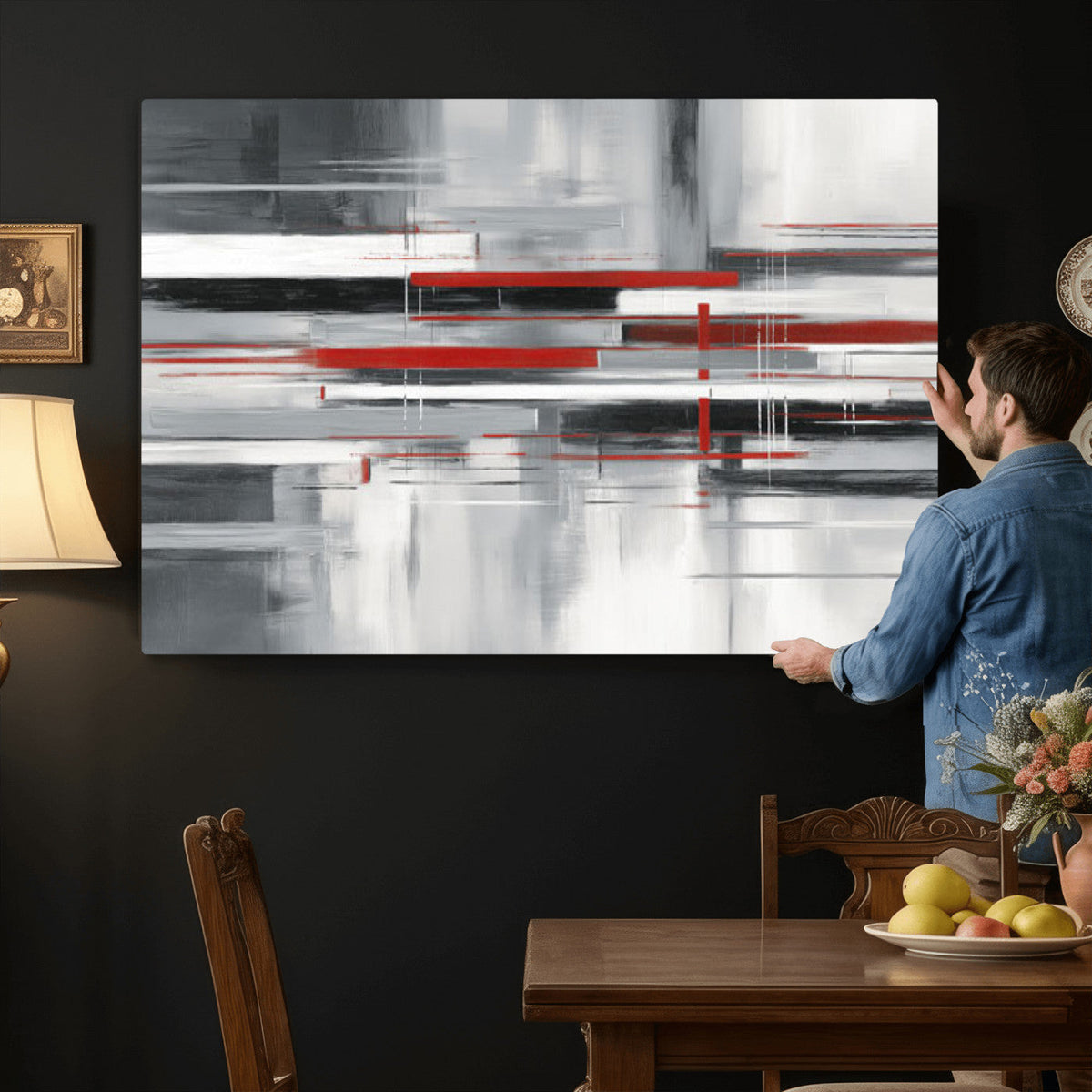 Gray Red Abstract Wall Art Canvas Print, Modern Abstract