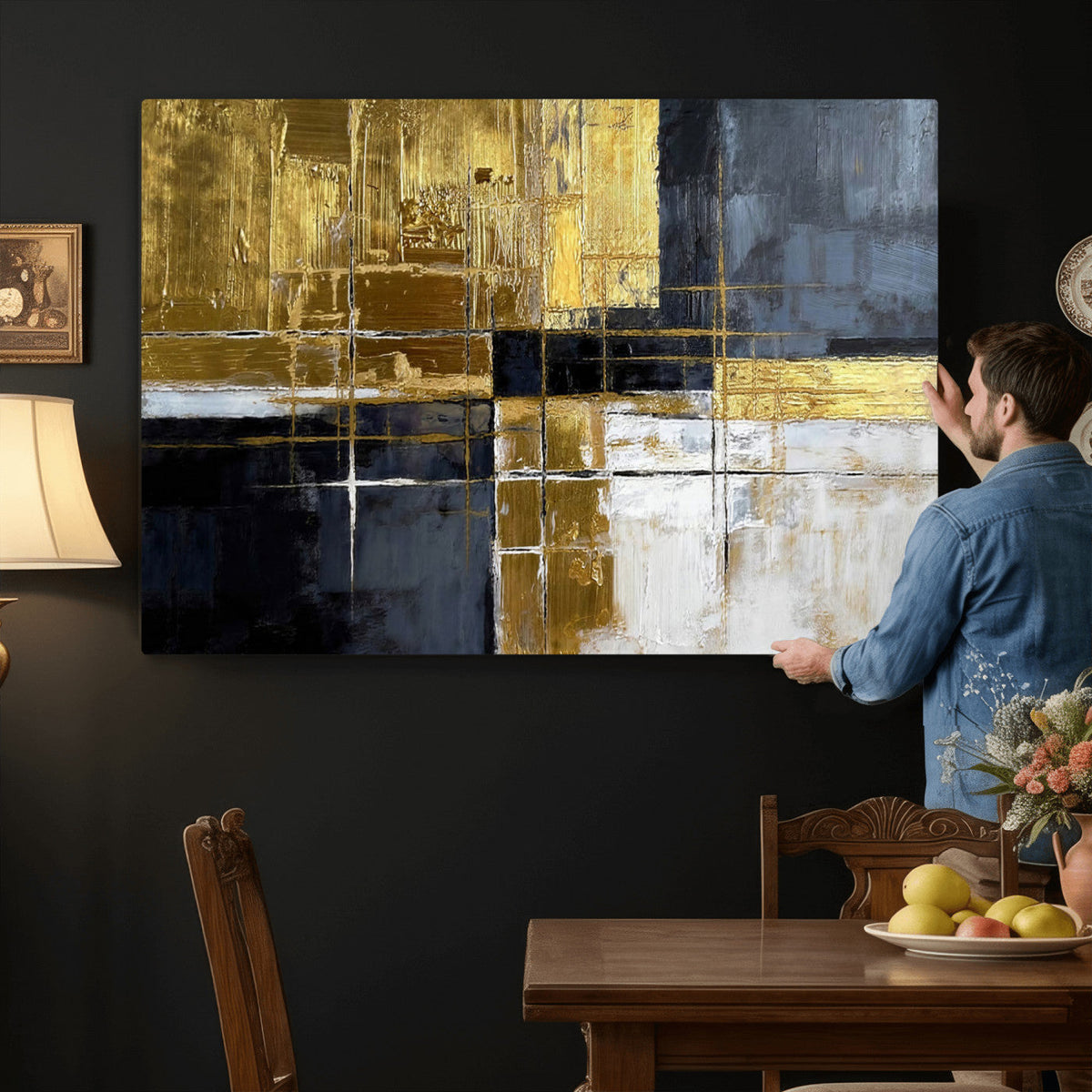 Gold Navy Abstract Wall Art Canvas Print, Modern Luxury