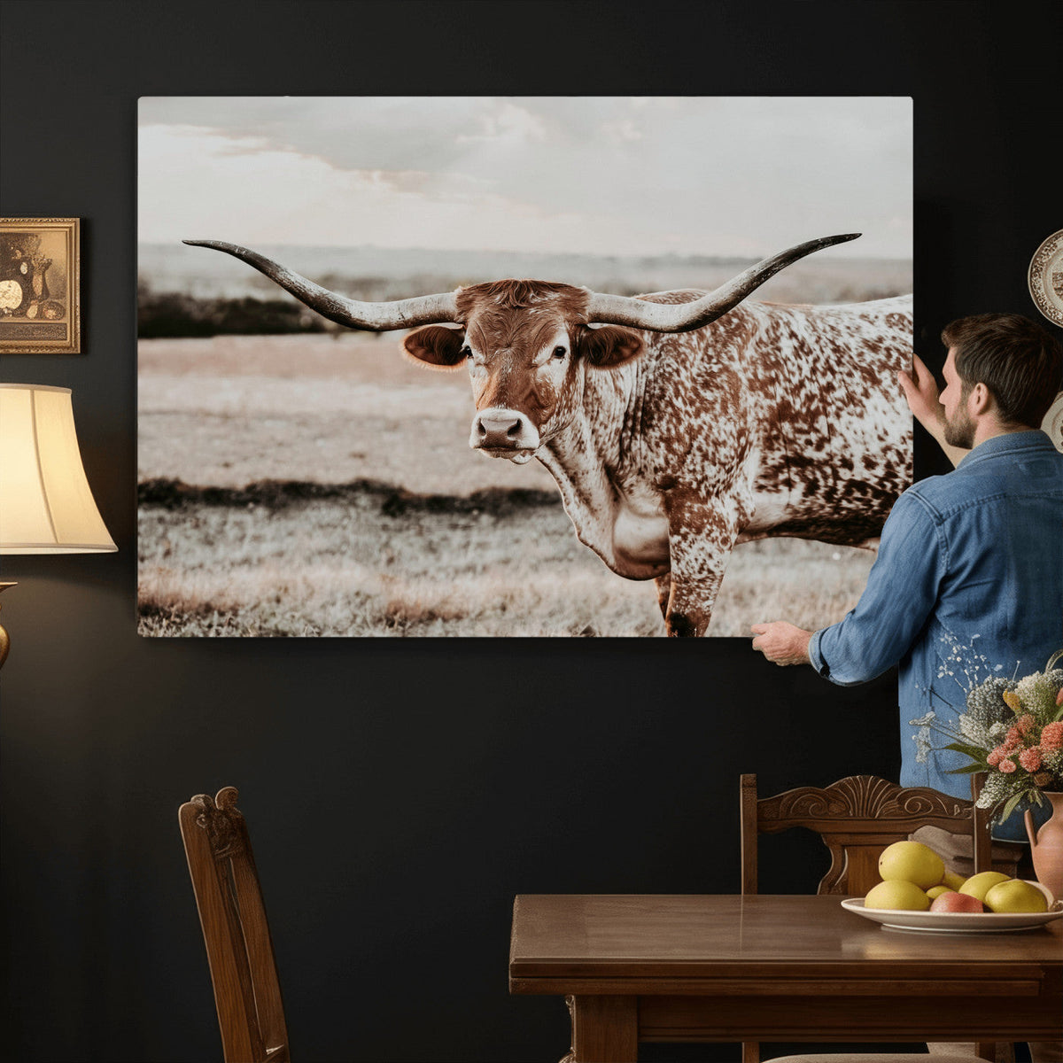 Texas Longhorn Bull Rustic Wall Art Canvas Print