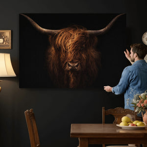 Highland Cow Wall Art Canvas Print – Moody Dark Rustic