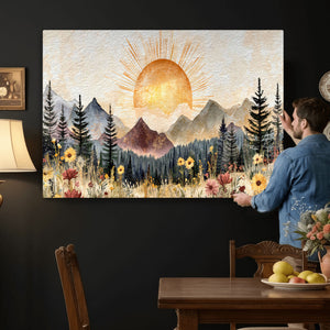 Boho Mountain Landscape Large Wall Art, Horizontal Gold