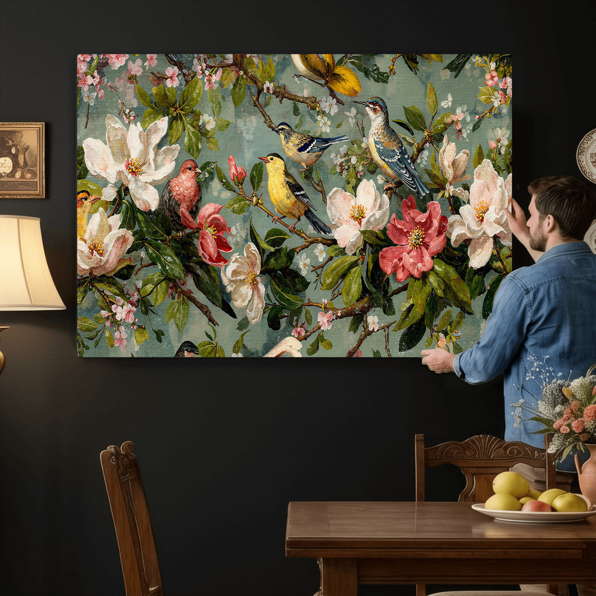 Vintage Birds and Flowers Wide Wall Art: Extra Large