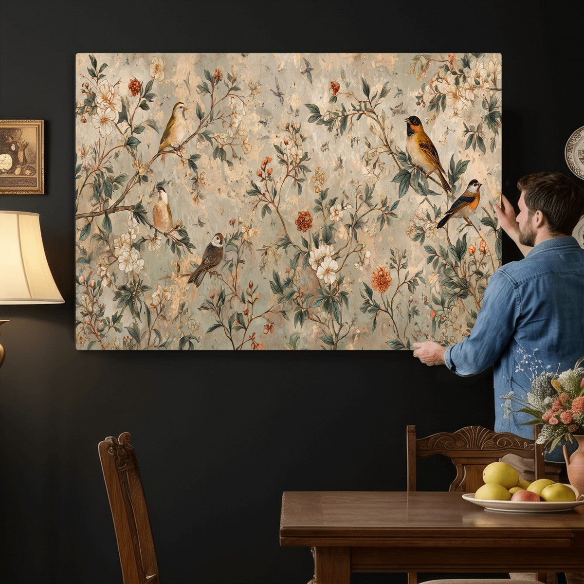 Vintage Birds and Flowers Wall Art Canvas Print, Botanical