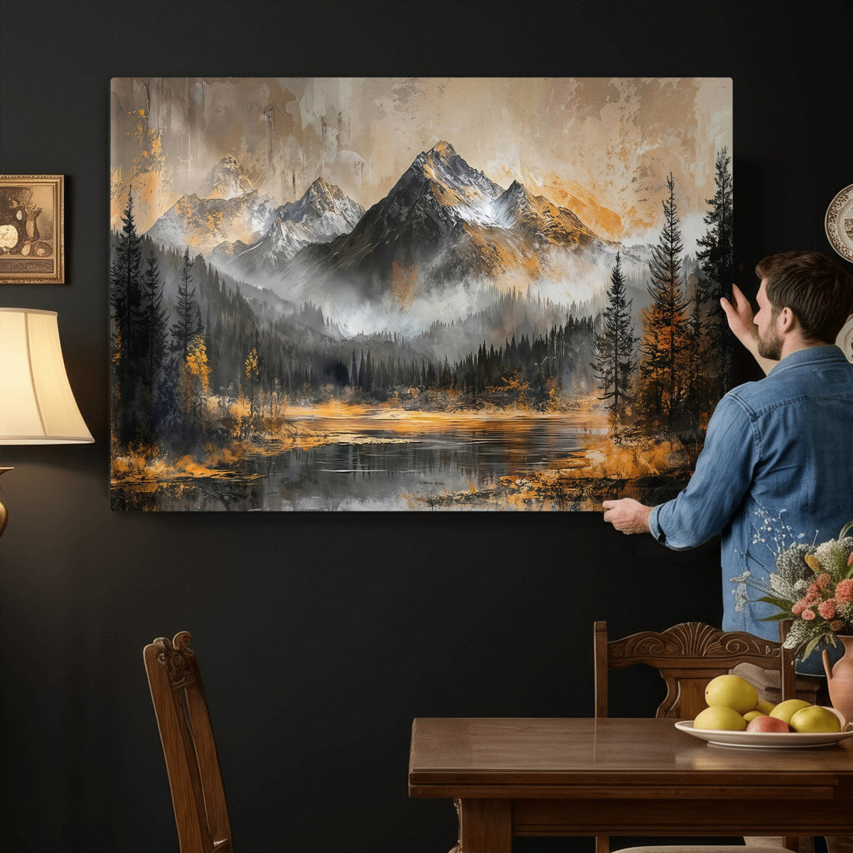 Mountain Lake Canvas Wall Art — Rustic Forest Landscape