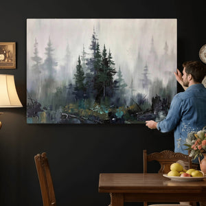 Misty Pine Forest Oil Painting Canvas — Dark Moody Teal Grey