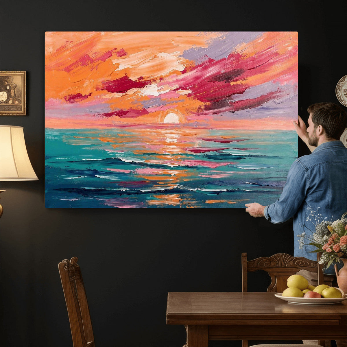 Bold Palette Knife Ocean Sunset Canvas — Orange Pink Teal