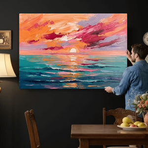 Bold Palette Knife Ocean Sunset Canvas — Orange Pink Teal