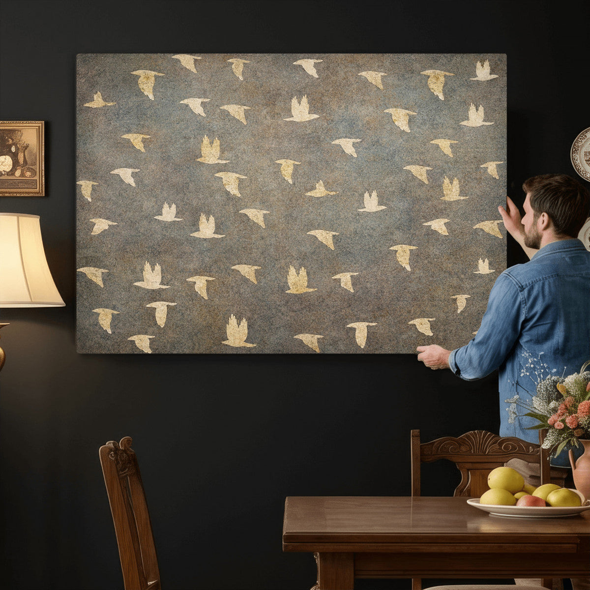 Flying Birds Canvas Wall Art, Vintage Bird Flock Pattern