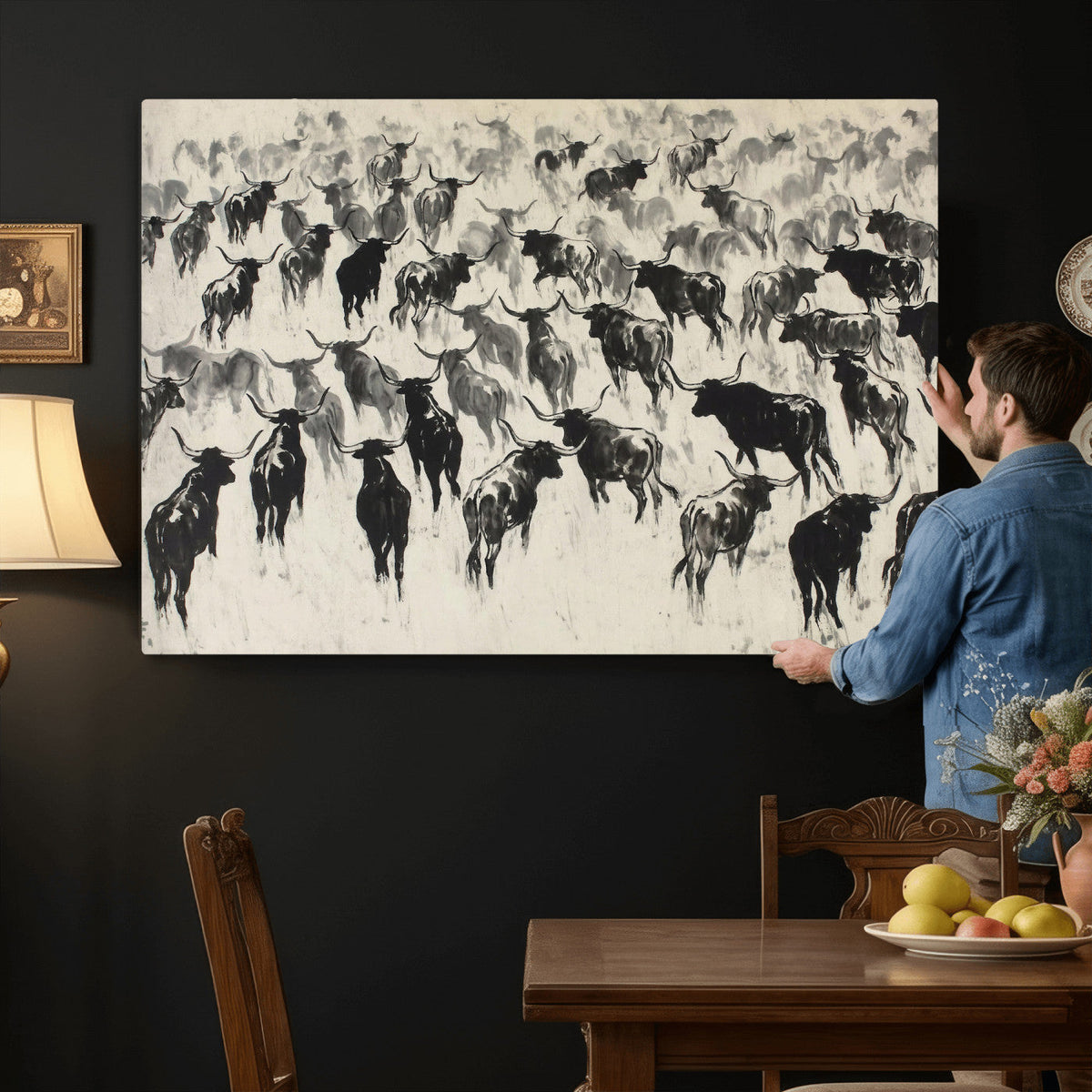Longhorn Cattle Canvas Wall Art, Black White Stampede Ink