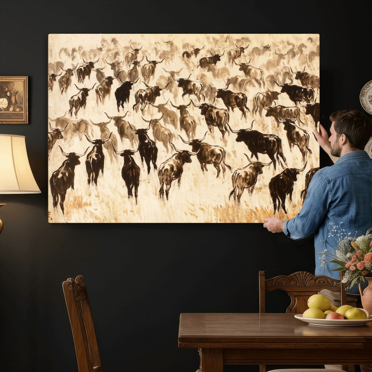 Texas Longhorn Sepia Canvas Wall Art, Western Cattle
