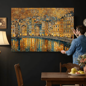 Gustav Klimt Golden Cityscape Wall Art Canvas Print, Framed