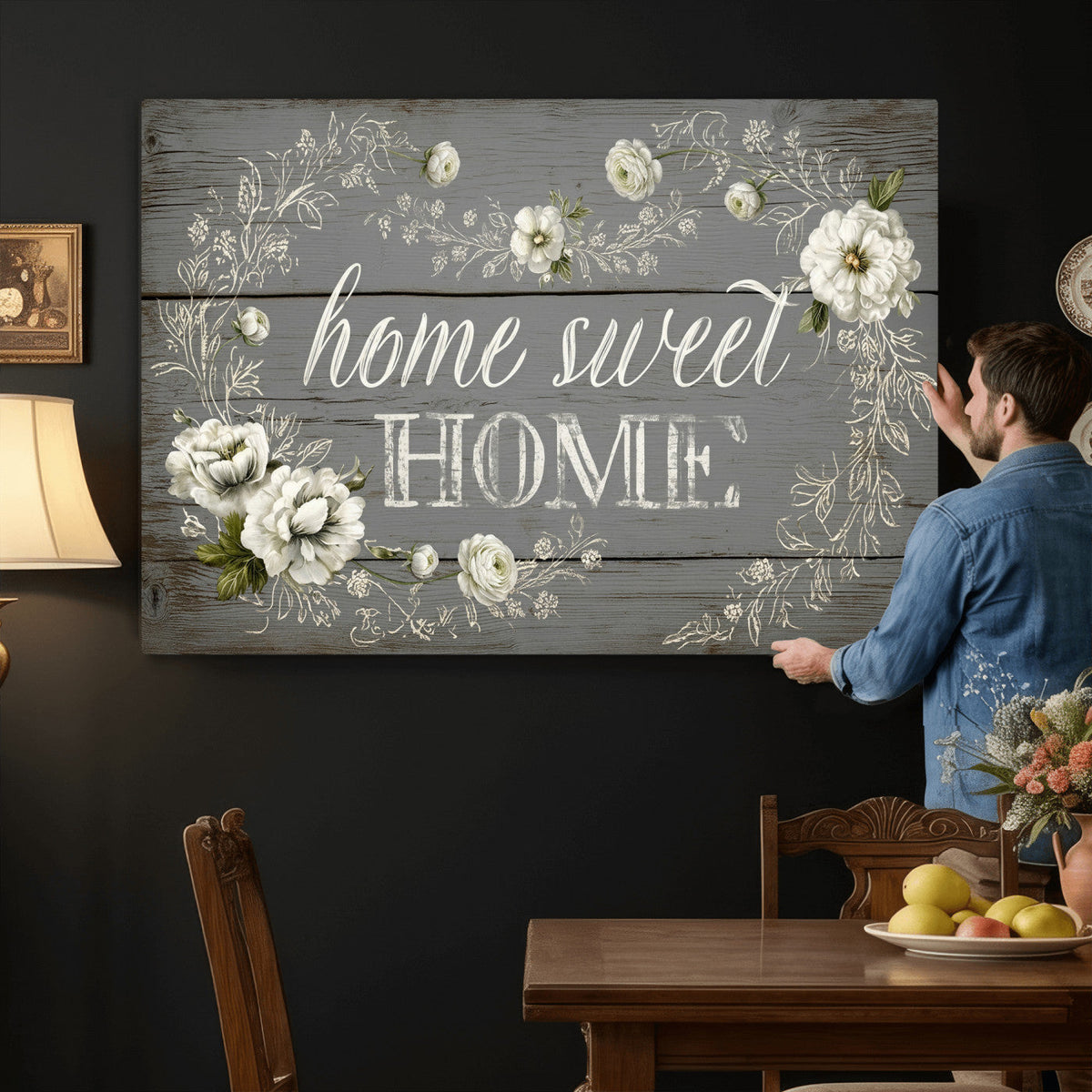 Home Sweet Home Wall Art Canvas Print, Floral Farmhouse