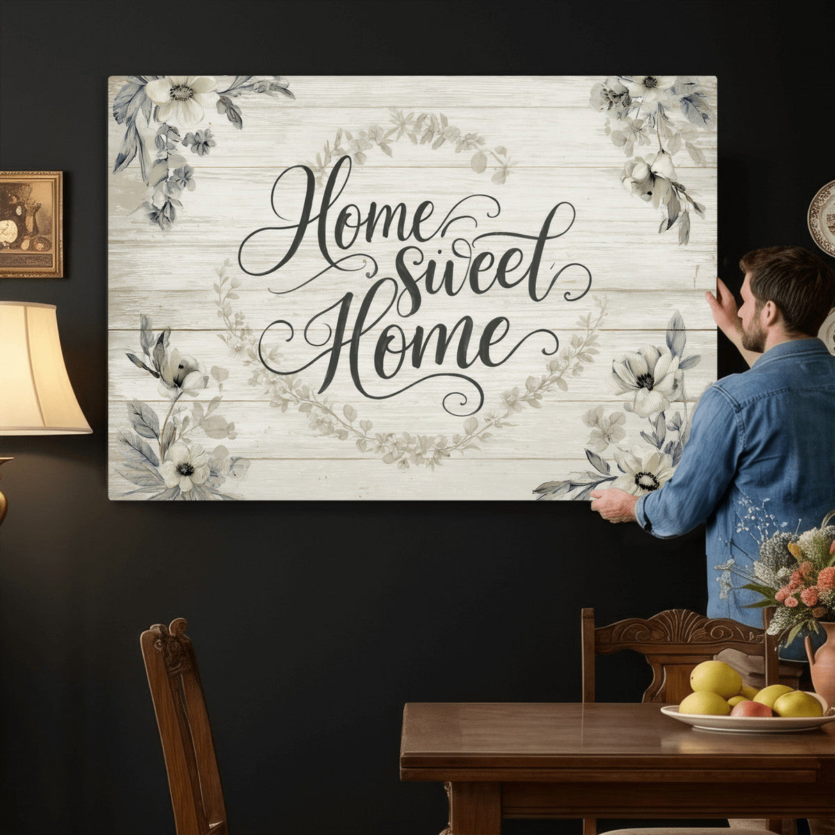 Home Sweet Home Wall Art Canvas Print, Floral Farmhouse
