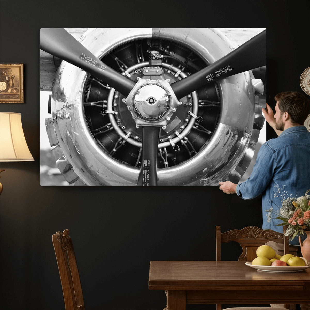 Vintage Propeller Plane Wall Art Canvas Print, Black and