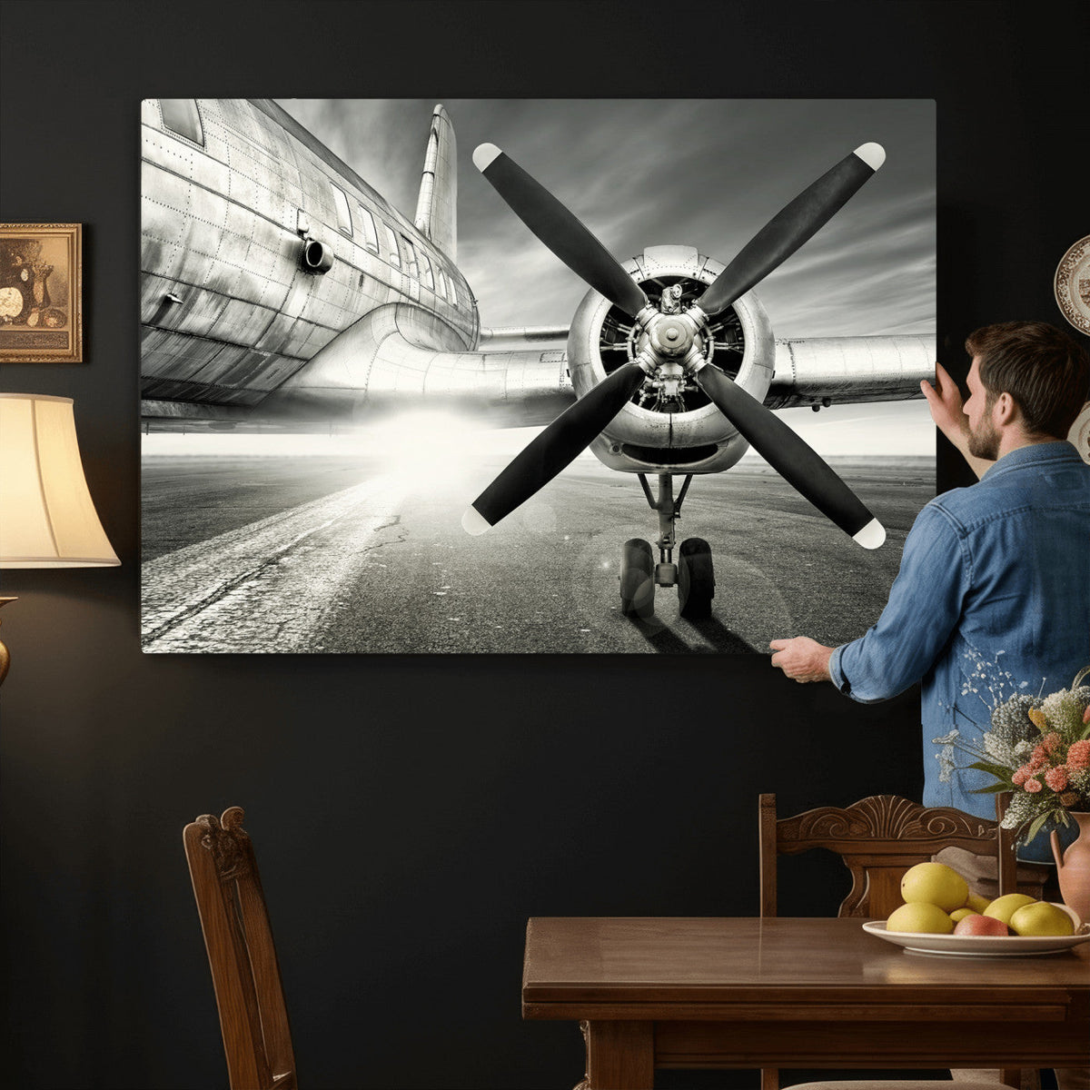 Vintage Airplane Wall Art Canvas Print, Black and White