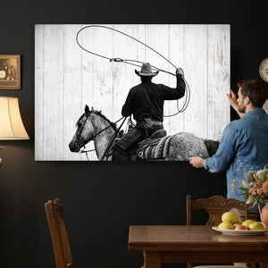 Cowboy Lasso Canvas Wall Art, Black White Western Horse