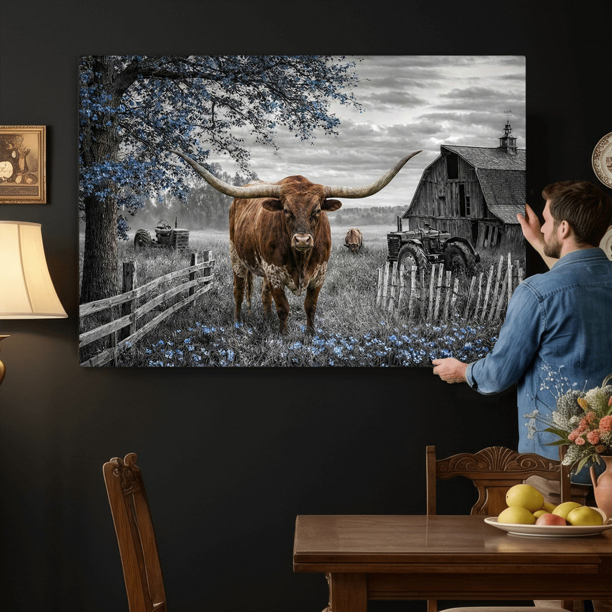 Texas Longhorn Canvas Wall Art, Rustic Farm Barn Bluebonnet