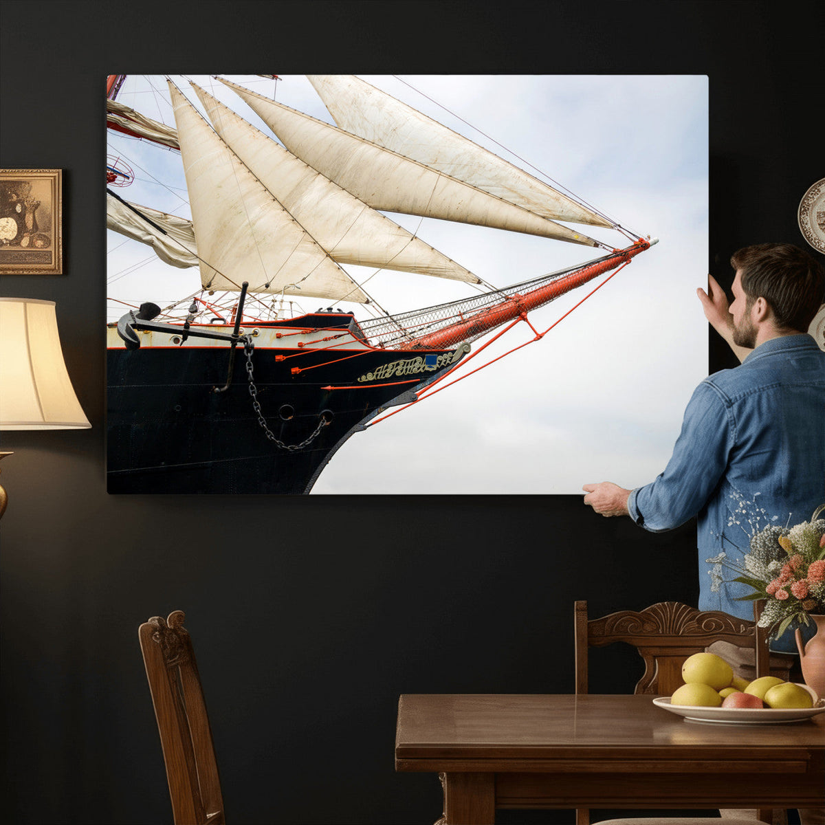 Sailboat Wall Art Canvas Print, Vintage Ship Bow Framed
