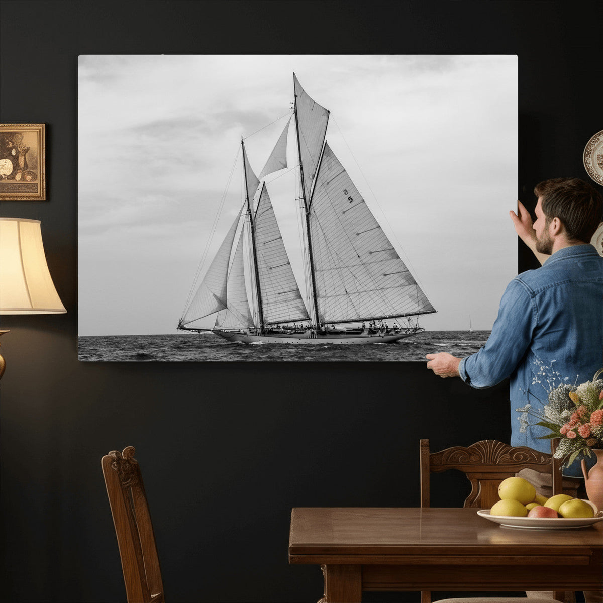 Vintage Sailboat Wall Art Canvas Print, Black and White
