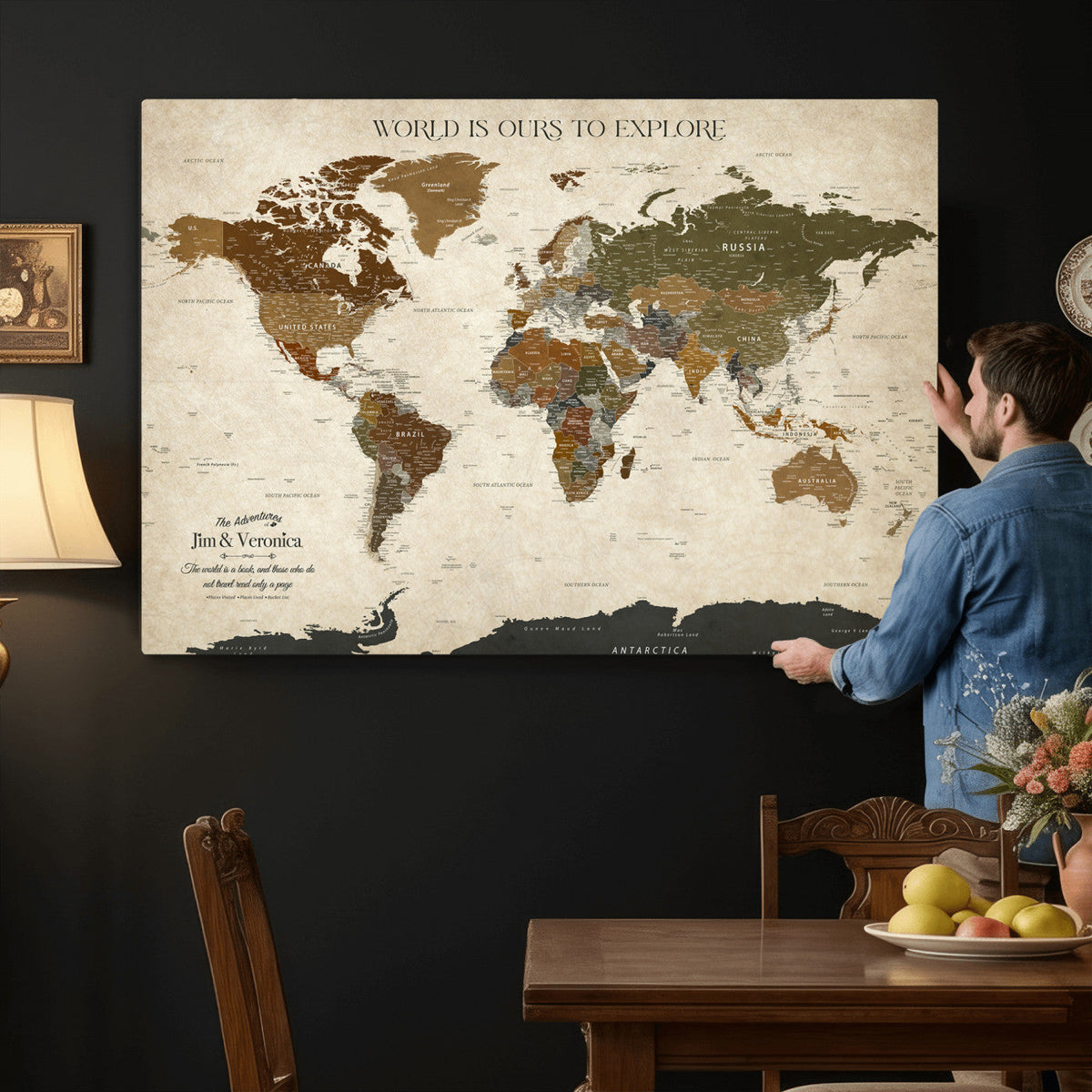 Custom Push Pin World Map Wall Art Canvas Print –