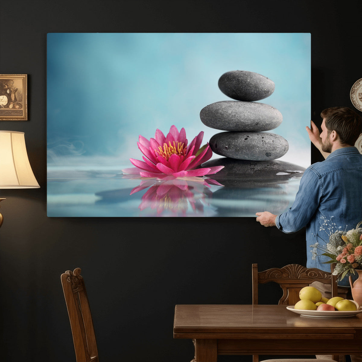 Zen Canvas Wall Art Lotus Flower Stacked Stones Teal Spa