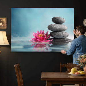 Zen Canvas Wall Art Lotus Flower Stacked Stones Teal Spa