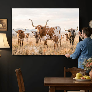 Texas Longhorn Canvas Wall Art, Rustic Farm Animal Photography Print, Farmhouse Country Decor, Western Ranch Art