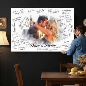 Wedding Guest Book Alternative Wall Art Canvas Print, Personalized Wedding Signature Poster, Custom Couple Photo Guestbook Canvas, Bridal Shower Reception Decor