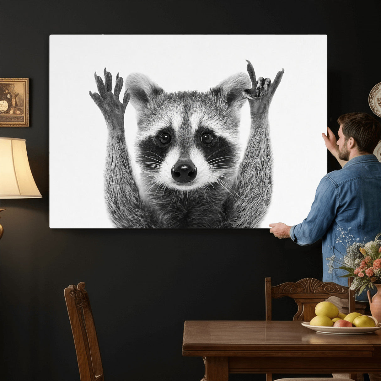 Funny Raccoon Canvas Wall Art, Black White Hands Up Animal Photo Print, Humorous Wildlife Decor, Kids Room Nursery Art, Quirky Animal Gift