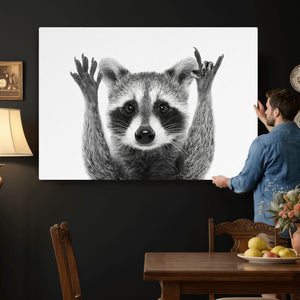 Funny Raccoon Canvas Wall Art, Black White Hands Up Animal Photo Print, Humorous Wildlife Decor, Kids Room Nursery Art, Quirky Animal Gift