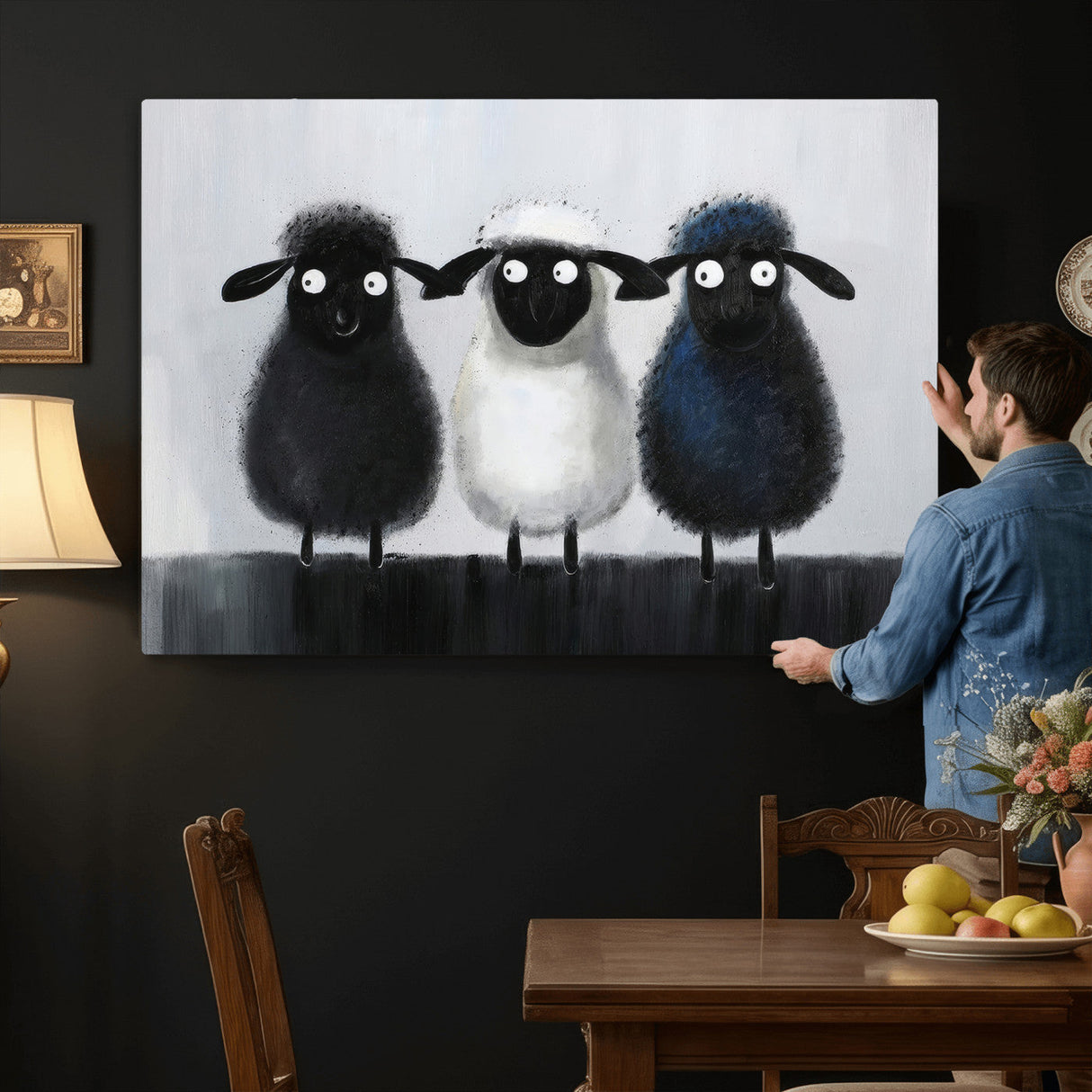 Funny Sheep Canvas Wall Art, Three Quirky Sheep Painting Print, Cute Animal Nursery Decor, Black White Navy Farmhouse Art, Kids Room Gift