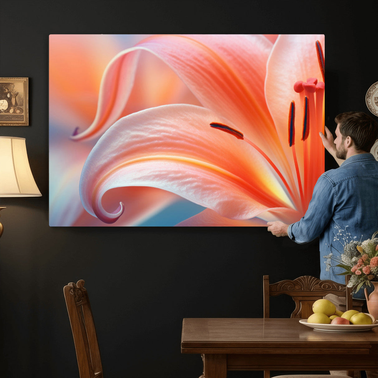Peach Lily Canvas Wall Art, Coral Pink Flower Macro Photo Print, Botanical Bedroom Decor, Soft Floral Photography, Living Room Wall Art