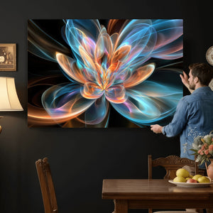 Fractal Lotus Canvas Wall Art, Blue Orange Glowing Flower Abstract Print, Modern Zen Meditation Room Decor, Ethereal Digital Art, Living Room