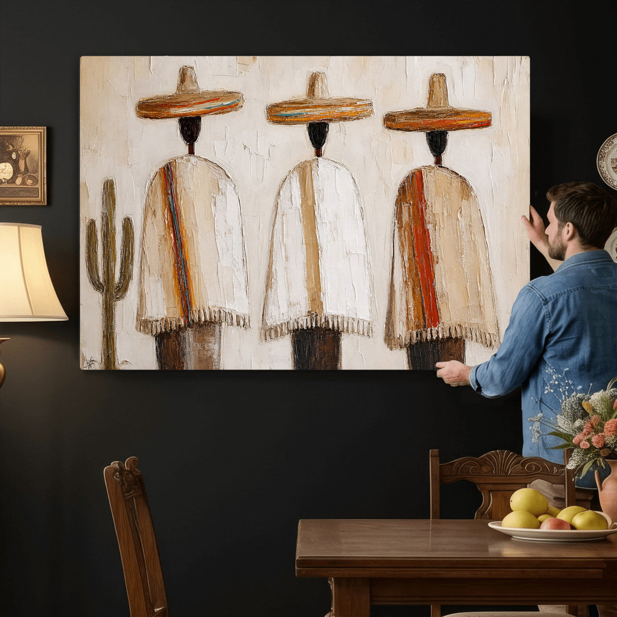 Mexican Wall Art Canvas Print, Southwestern Sombrero Poncho Painting, Neutral Earthy Boho Decor, Fiesta Living Room Art, Impasto Style Print