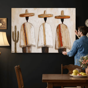 Mexican Wall Art Canvas Print, Southwestern Sombrero Poncho Painting, Neutral Earthy Boho Decor, Fiesta Living Room Art, Impasto Style Print